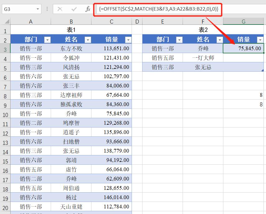 Excel多条件匹配，查找唯一值，方法二：OFFSET+MATCH