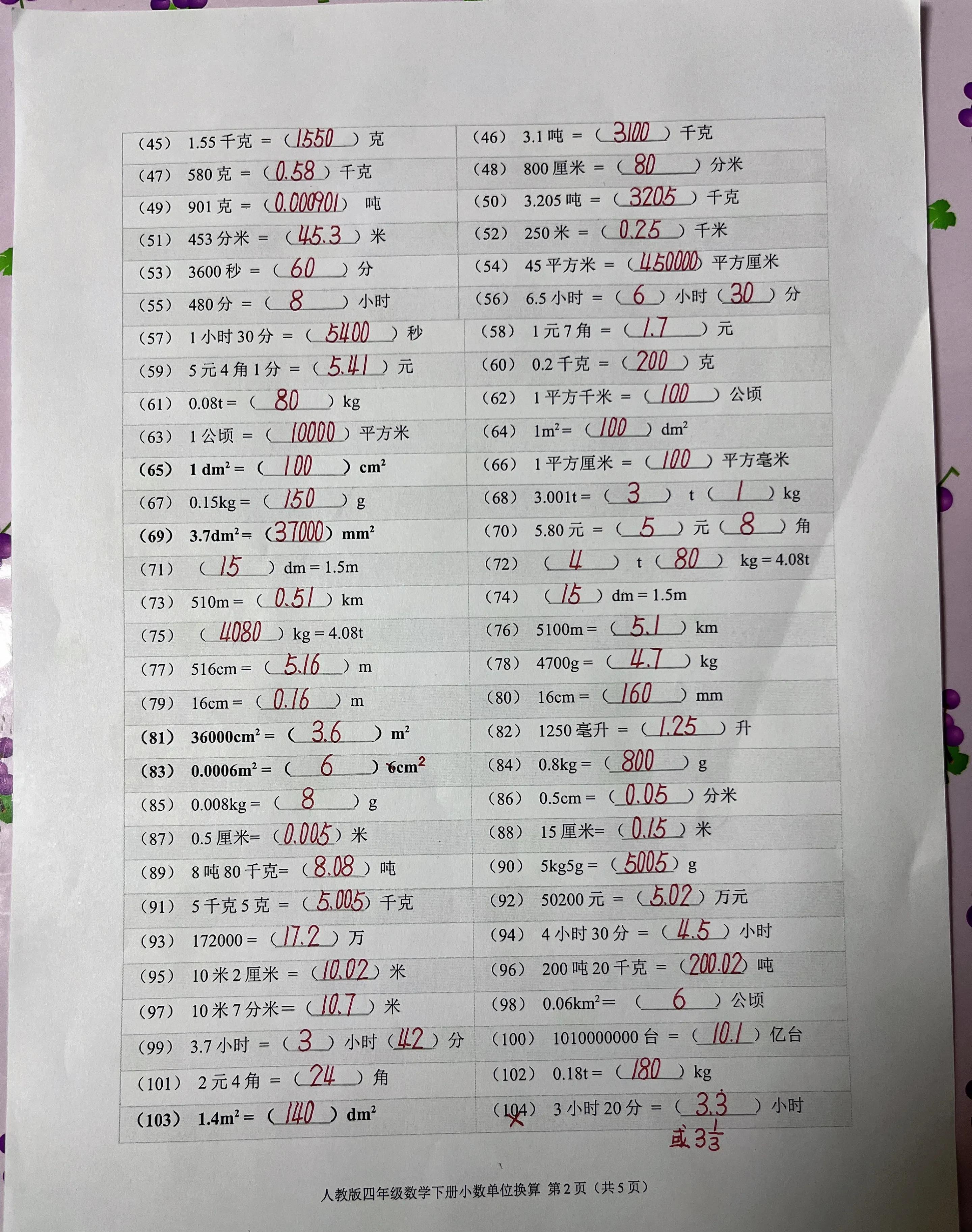 四年级数学下册单位换算题（小数的单位换算200道带答案）