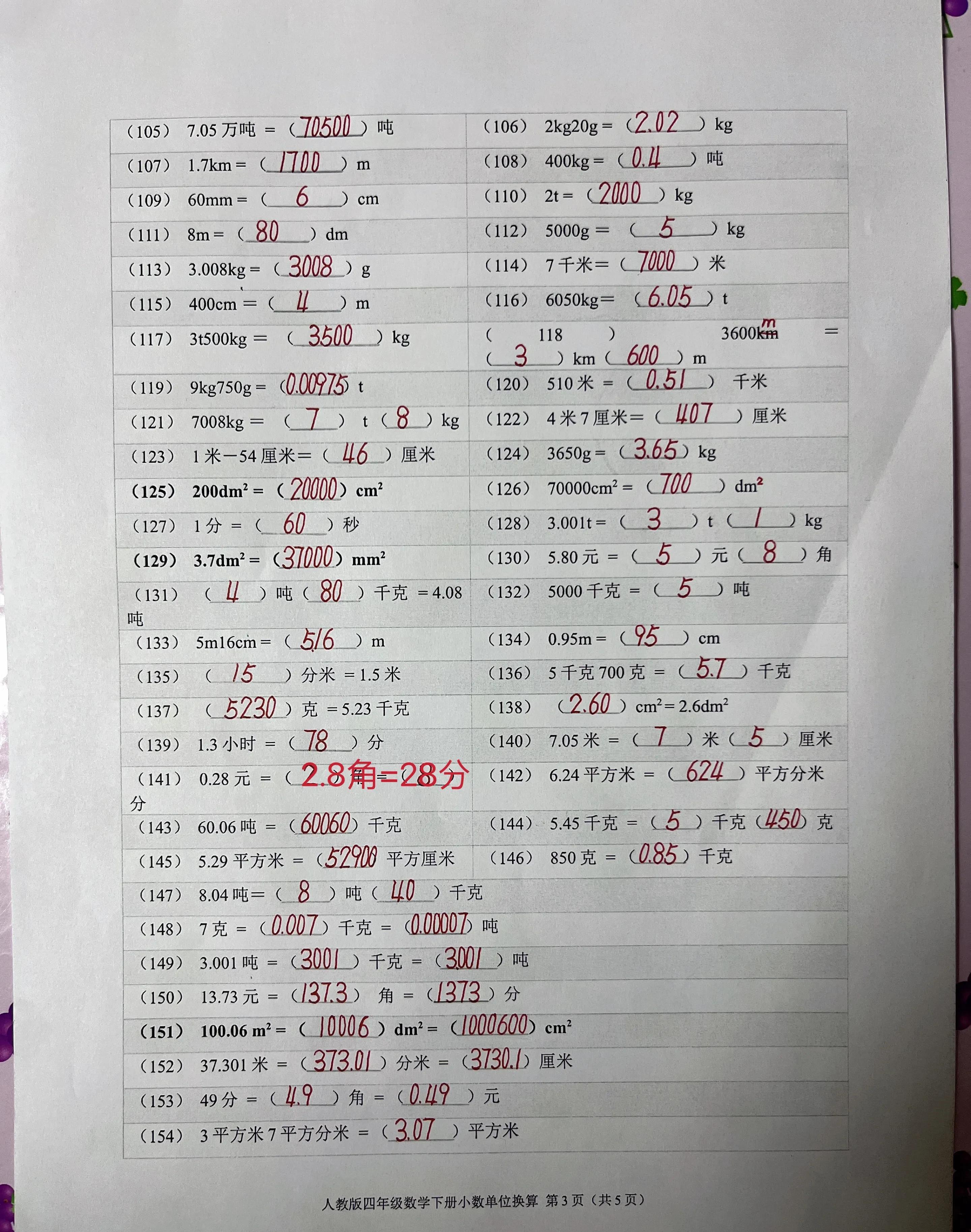 四年级数学下册单位换算题（小数的单位换算200道带答案）