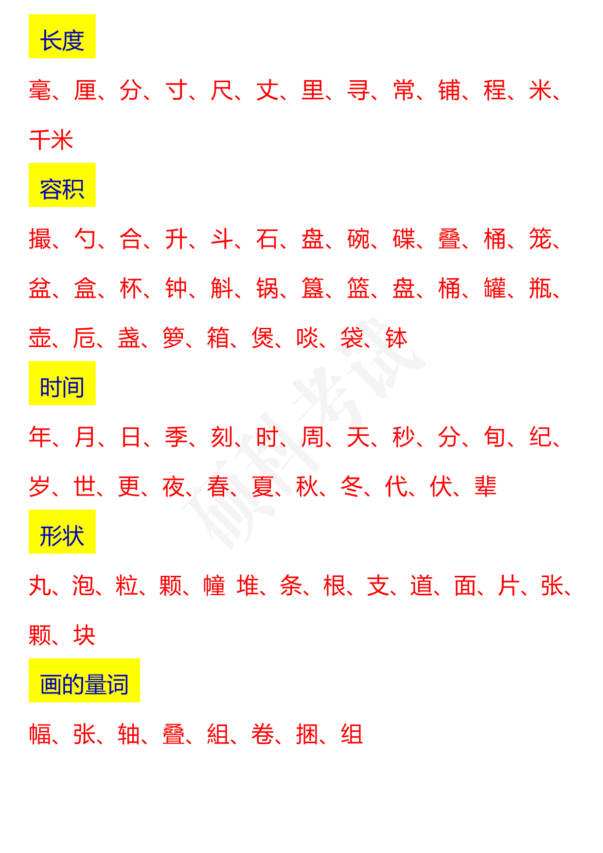 小学语文1-6年级量词大全