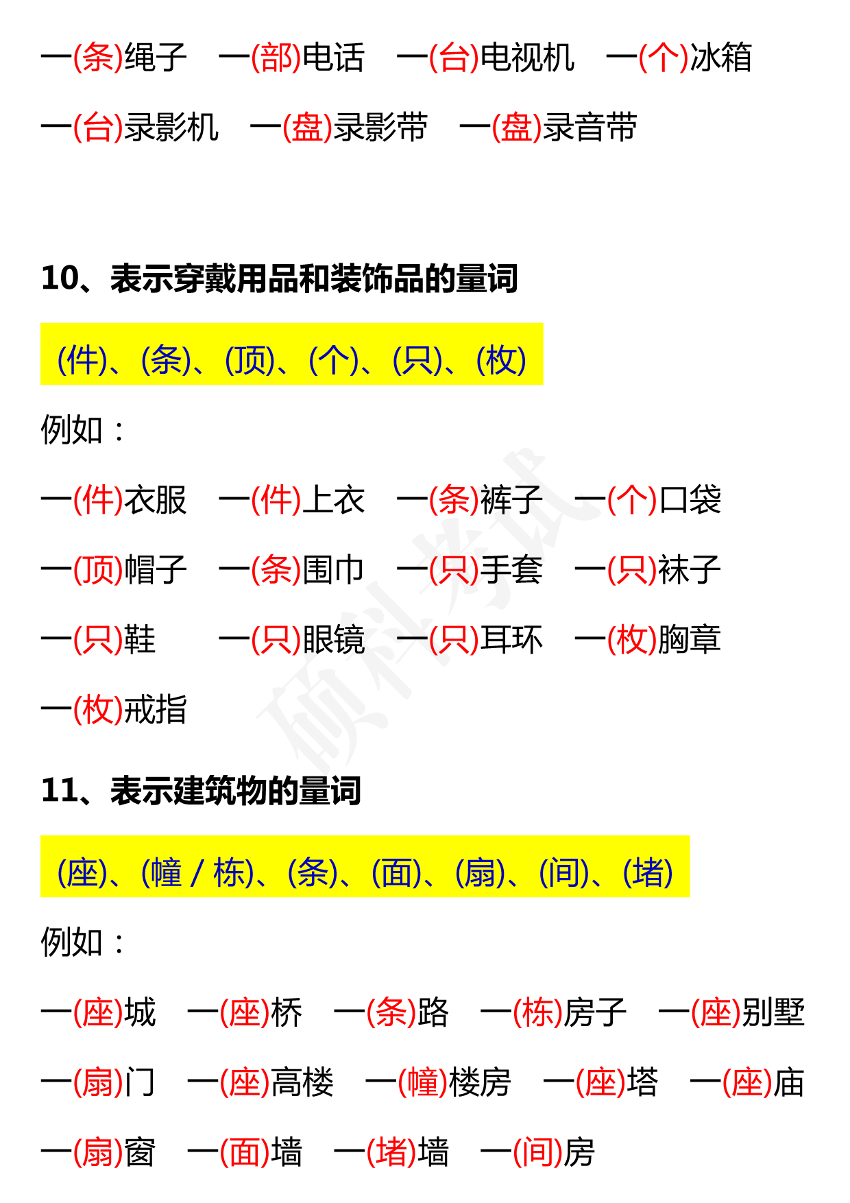 小学语文1-6年级量词大全