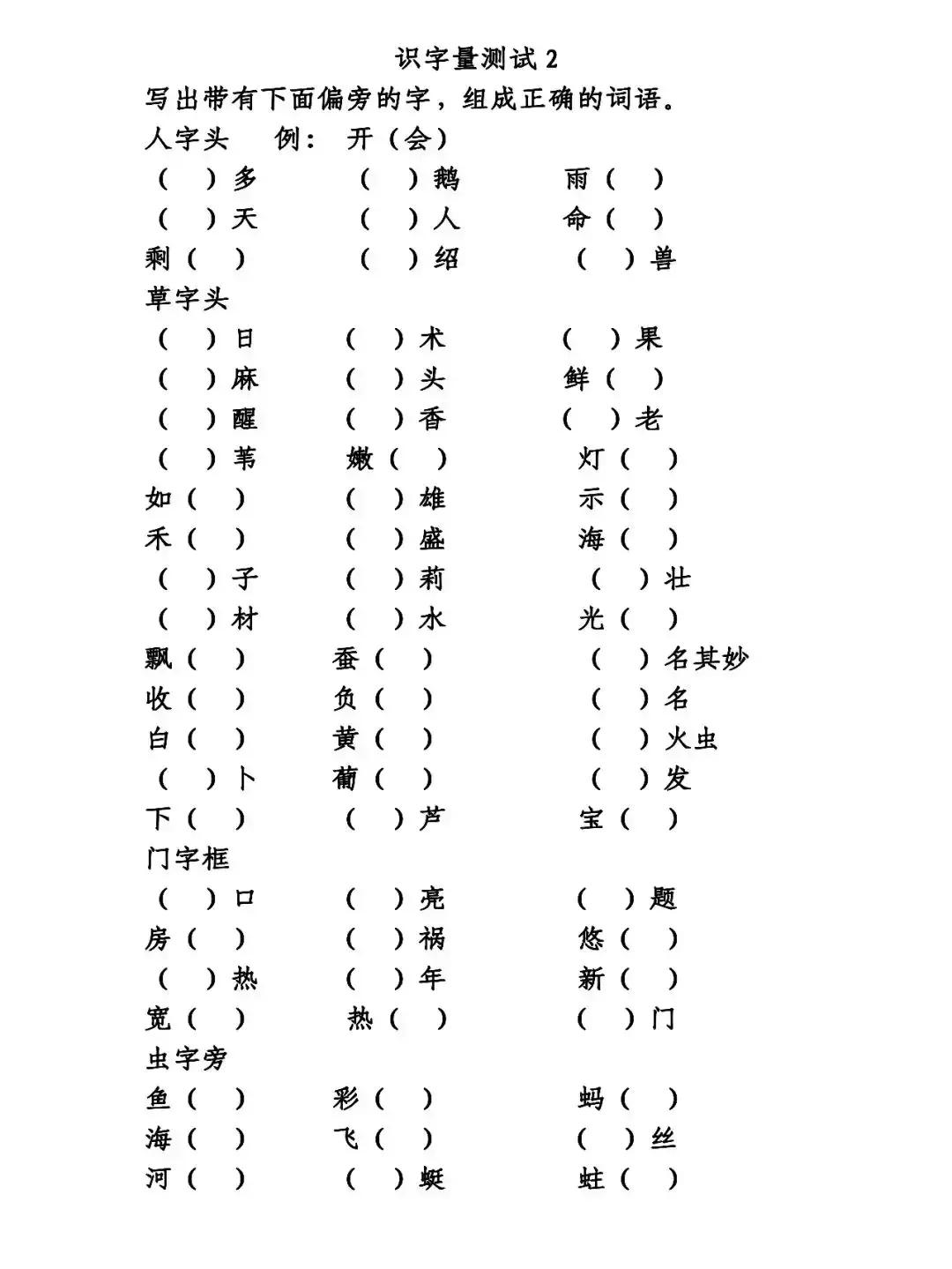 人字头,草字头,门字框,虫字旁的字有哪些