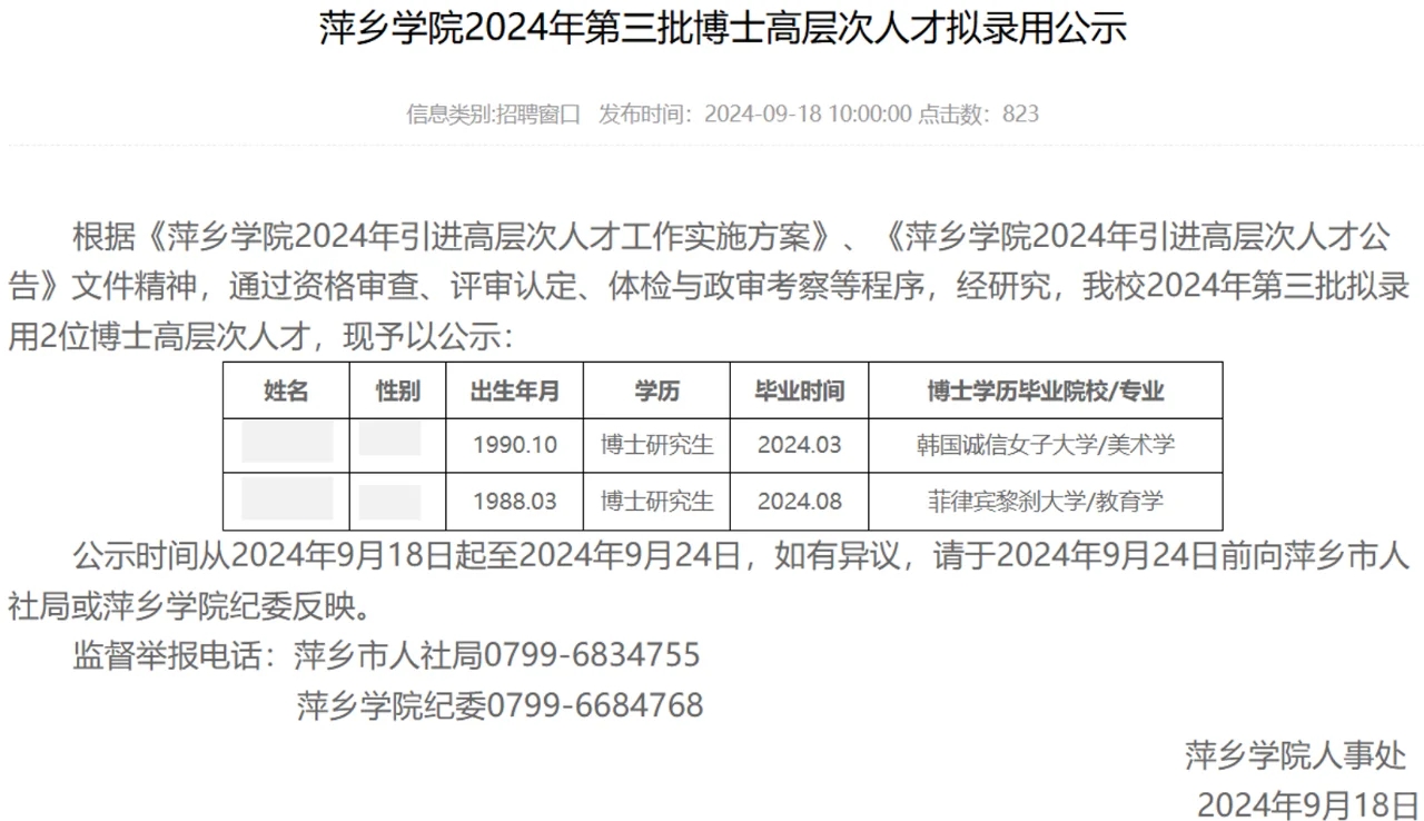 萍乡学院2024年博士教师拟录用公示名单