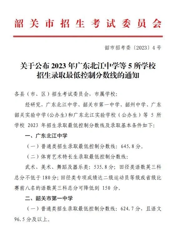 2024韶关中考三批分数线均已更新