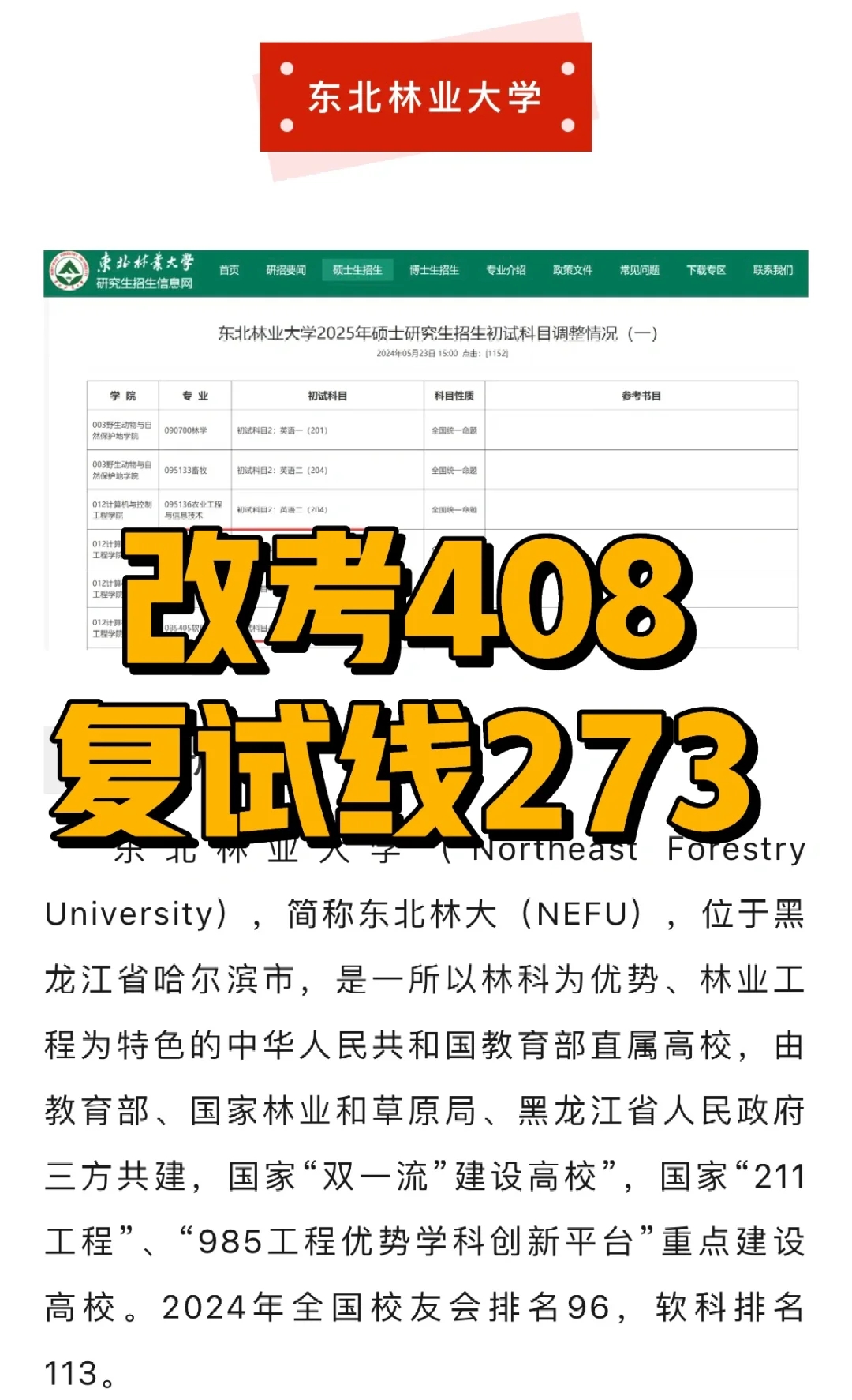 211自命题4门改考408！复试线273，学硕310