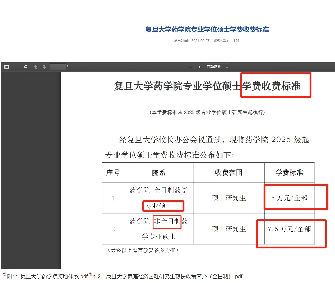 普通家庭能考吗？复旦大学药学硕士学费变了