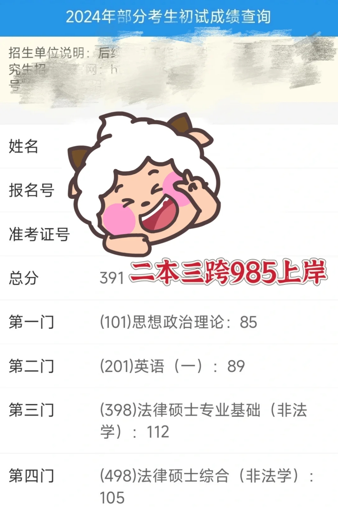 391二本上岸985，法硕只要不放弃就能考上