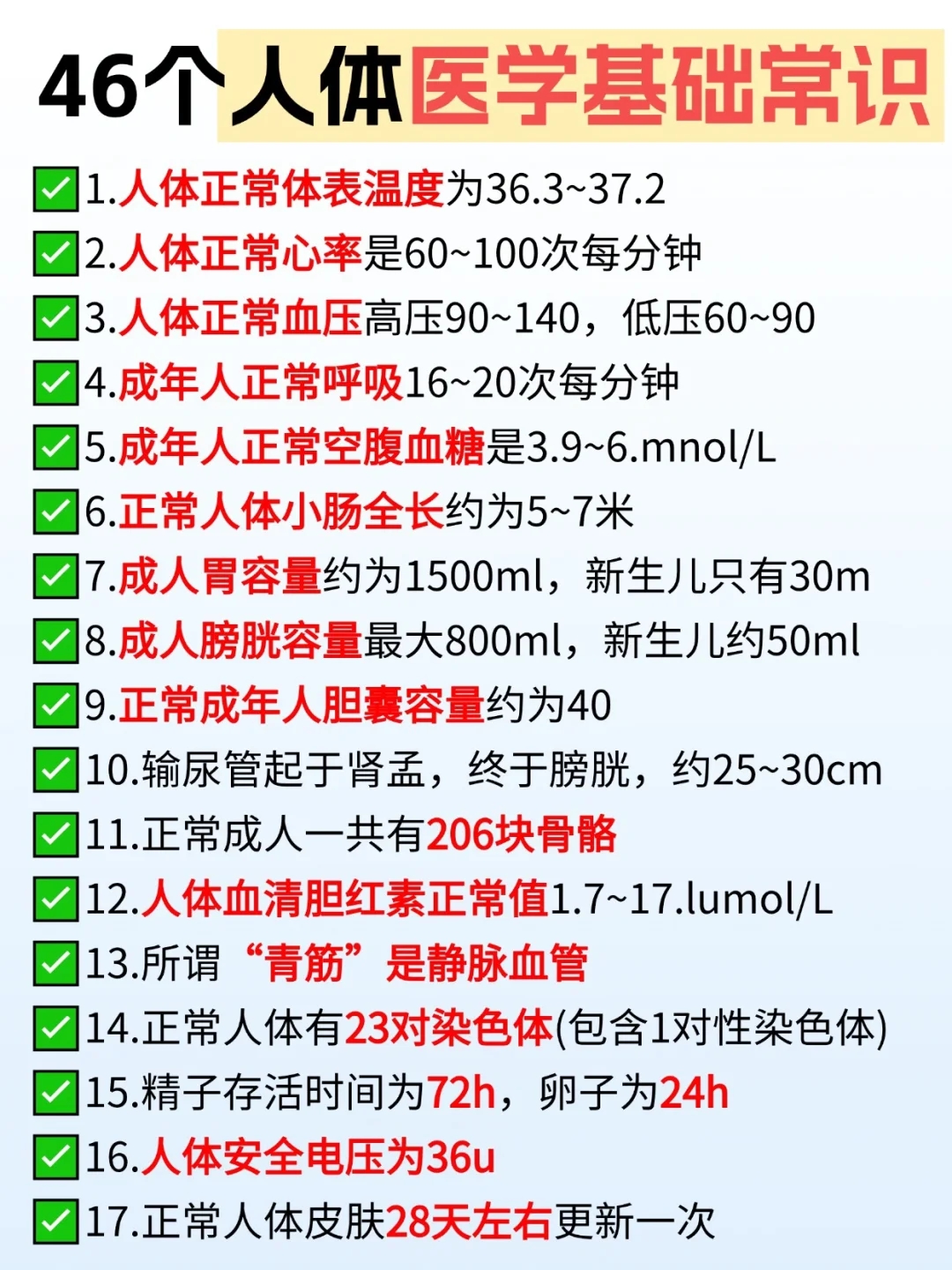 🔥46个人体医学基础常识🔥