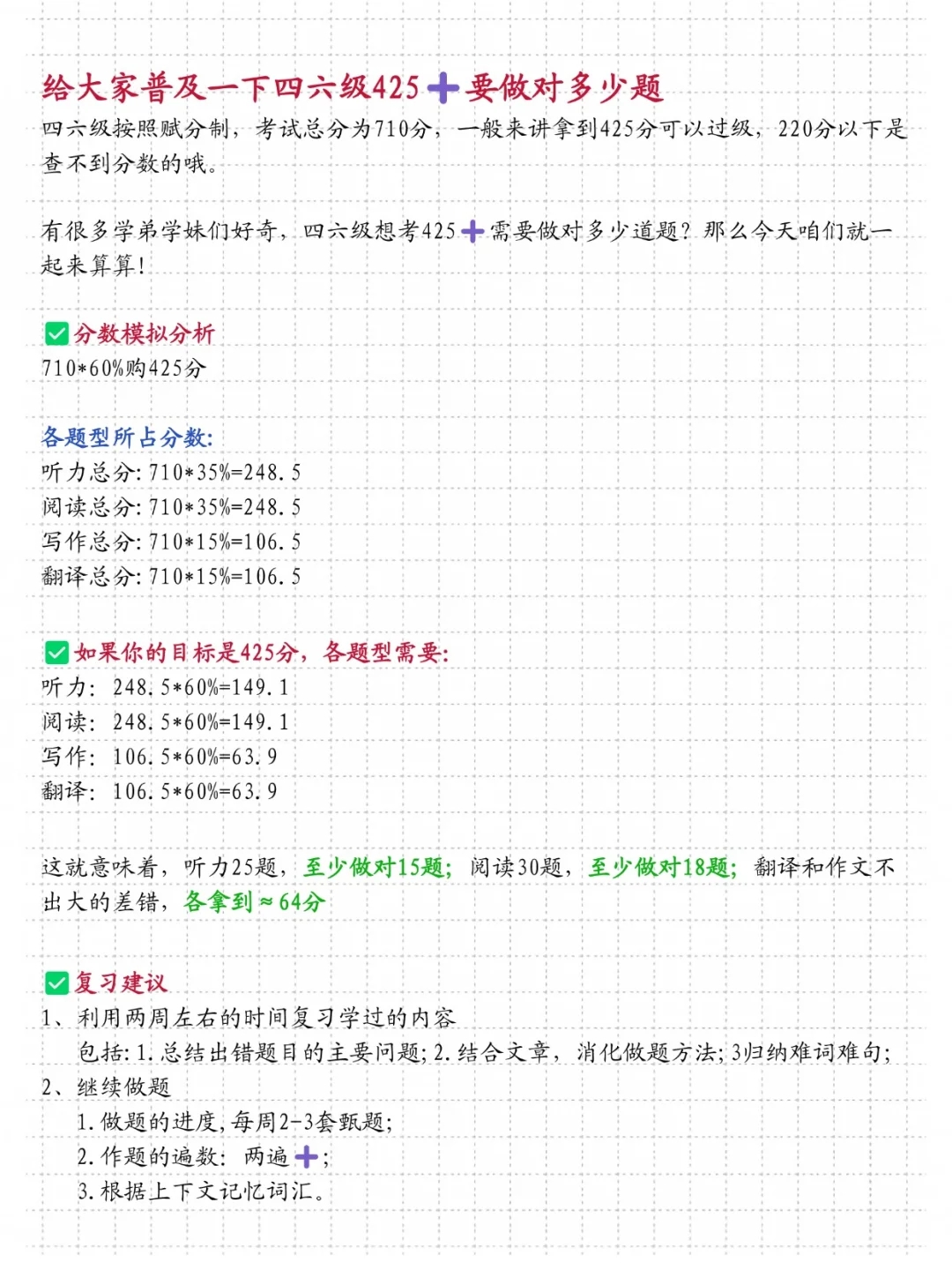 给大家普及一下四六级425➕要做对多少题