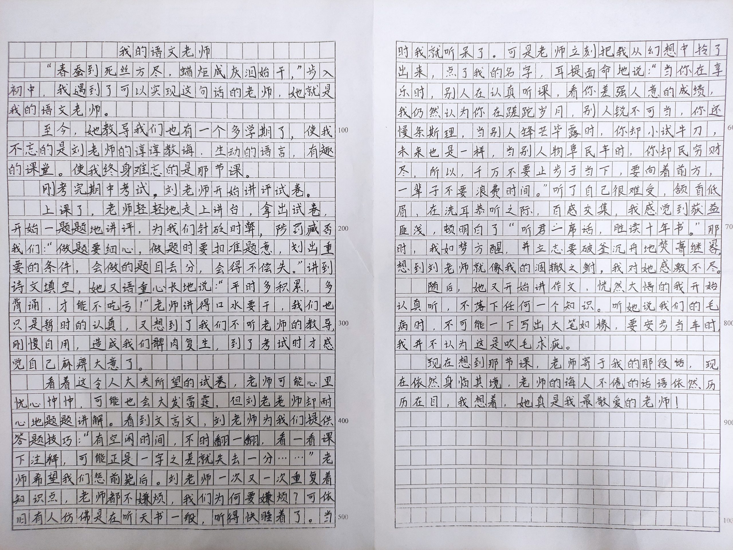 考场佳作——《我的语文老师》“她真是我最敬爱的老师！”（我的语文老师600字）