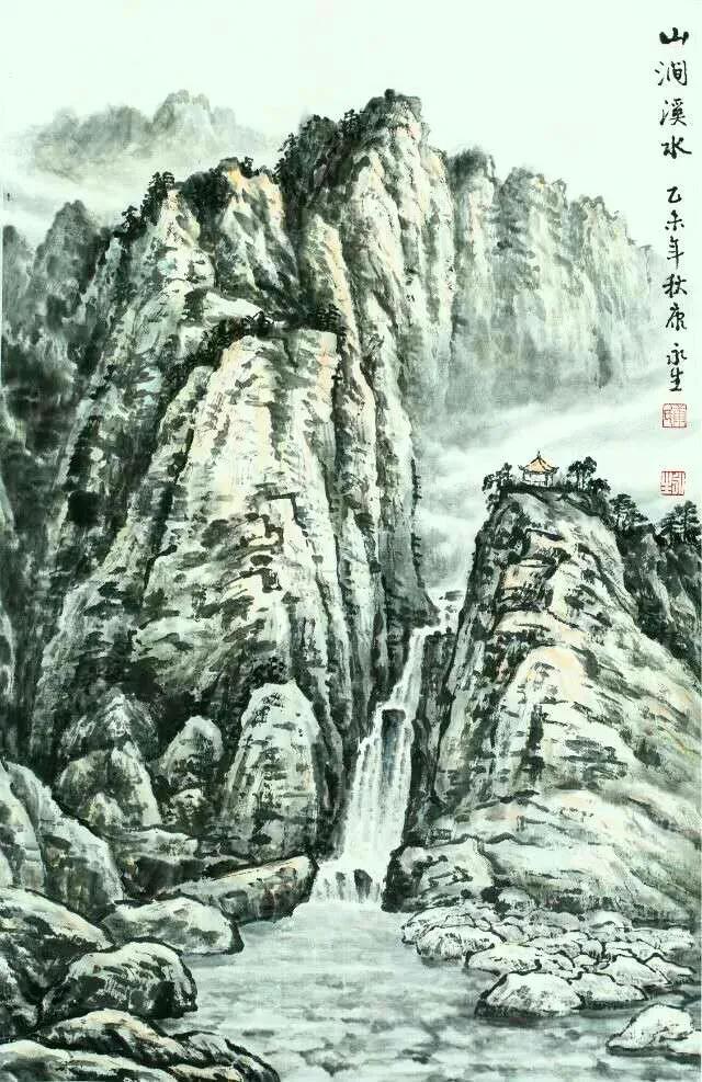 溪流山水画（溪流水墨画）