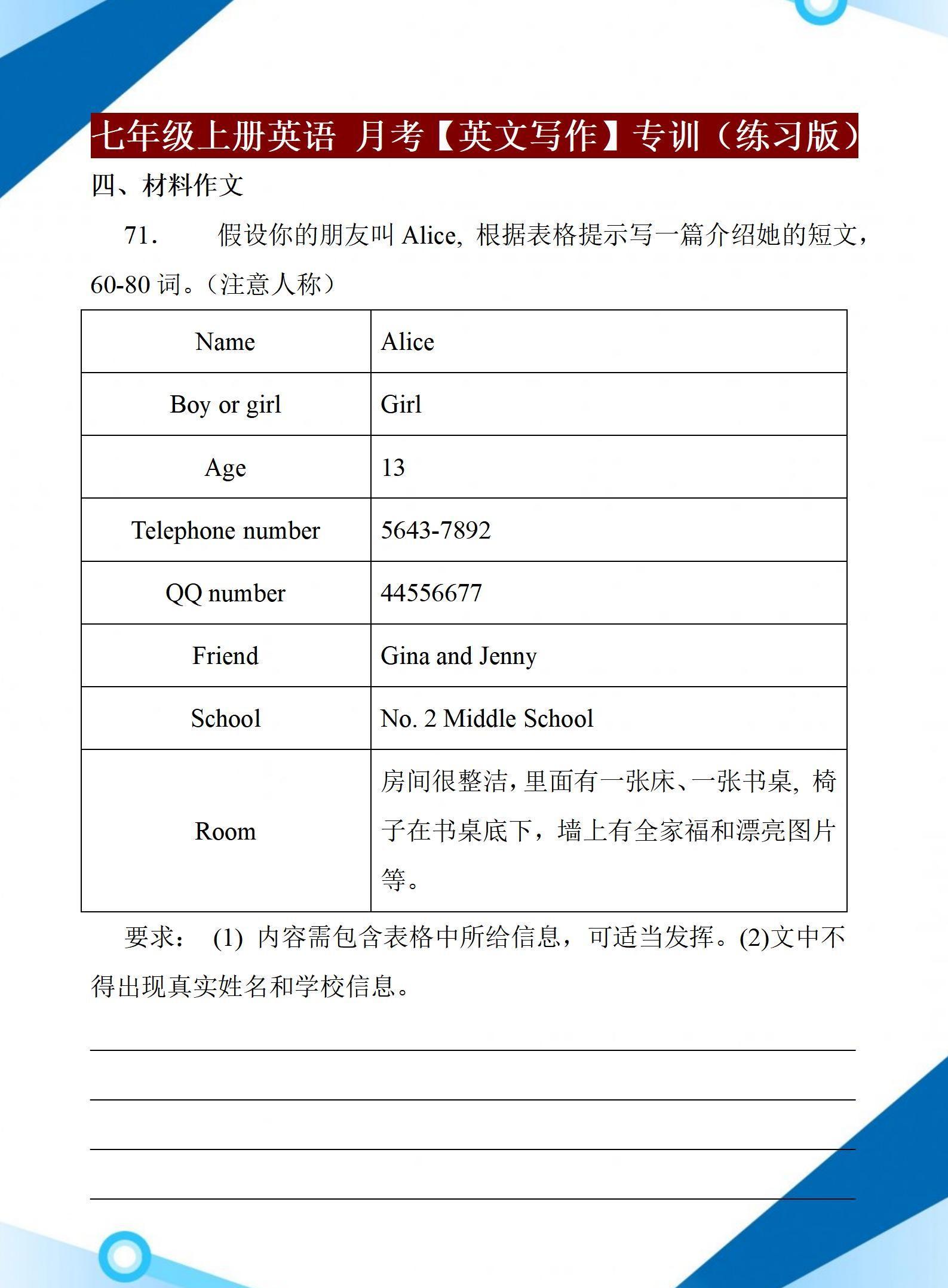 初一上册月考英语作文经常考的有哪些